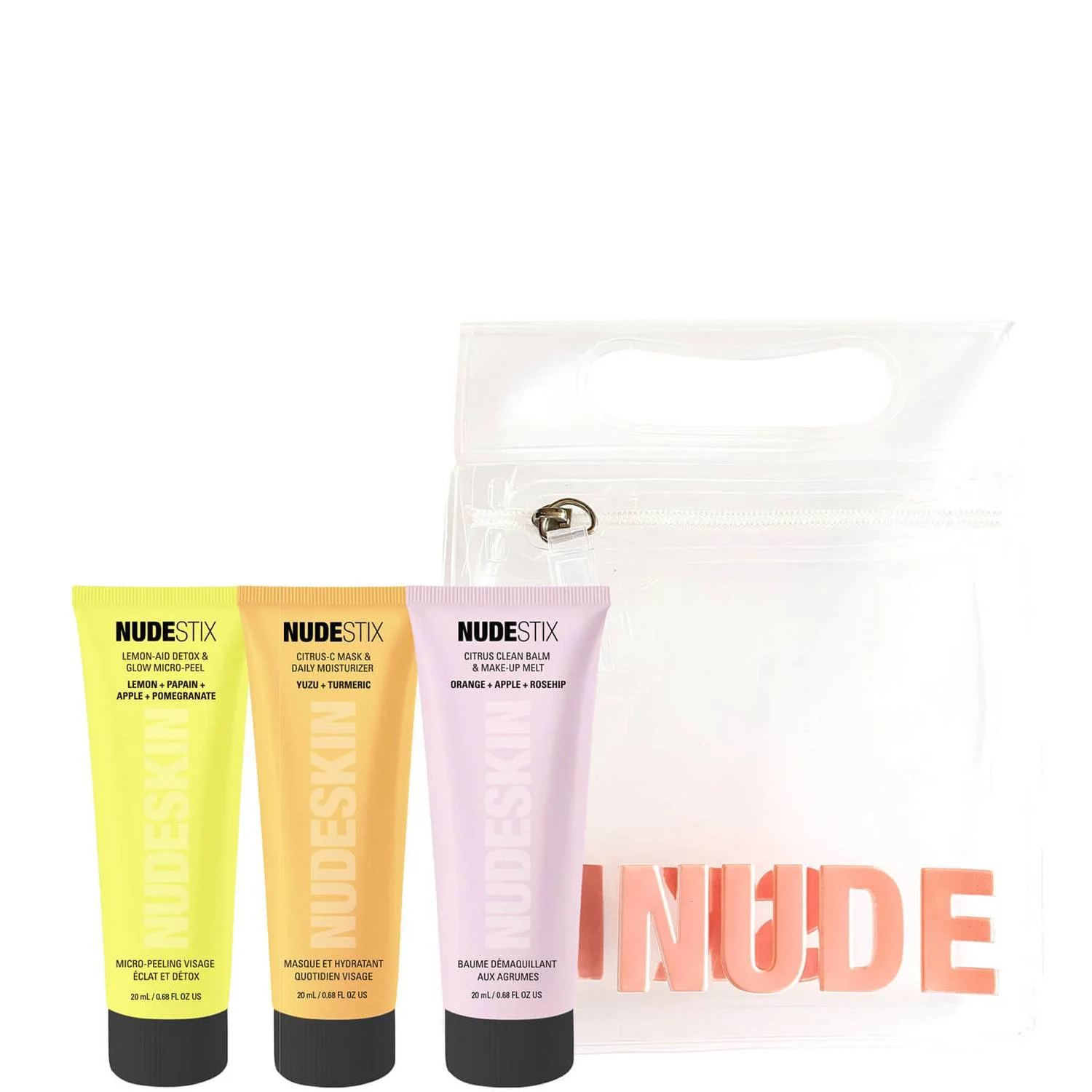 3-Step Citrus Renew Set Nudestix: Lemon-Aid Detox & Glow Lozione esfoliante anti-opacità senza parabeni 20 ml + Maschera idratante per il viso Nudeskin Citrus-C 20 ml + Balsamo detergente per il viso Nudeskin Citrus 20 ml