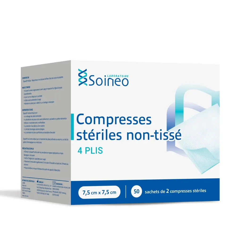 Soineo Compresse sterili non tessute 4 pieghe 7,5x7,5cm x50 bustine da 2