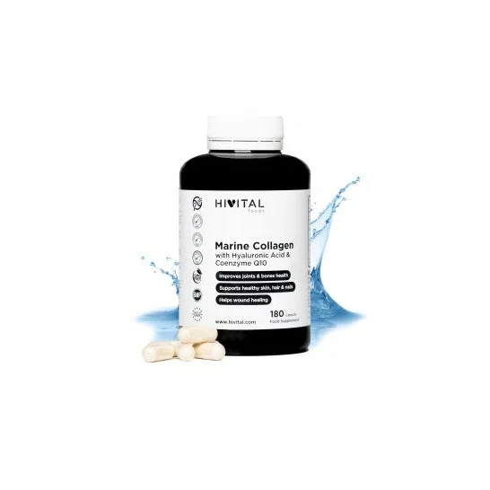 Hivital Foods Collagene Marino con Acido Ialuronico, Coenzima Q10, Vitamina C e Zinco 180 caps (3 mesi)