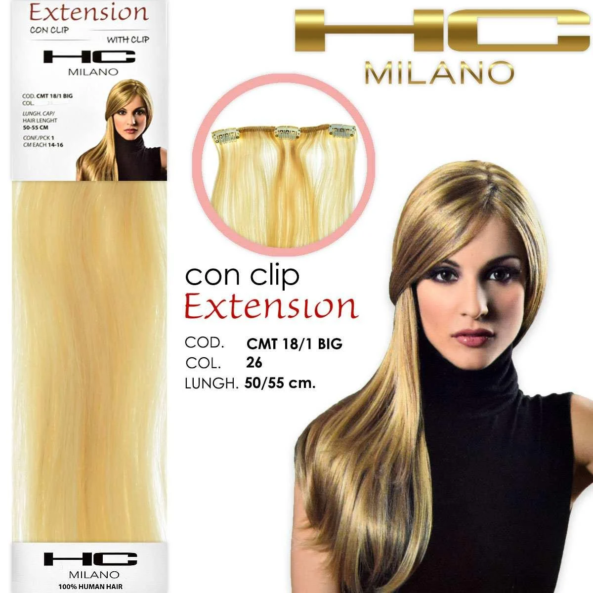 Hc milano extension 3 clip remy largh.14-16cm lungh.50cm col.26 biondo ultra chiarissimo 11,0