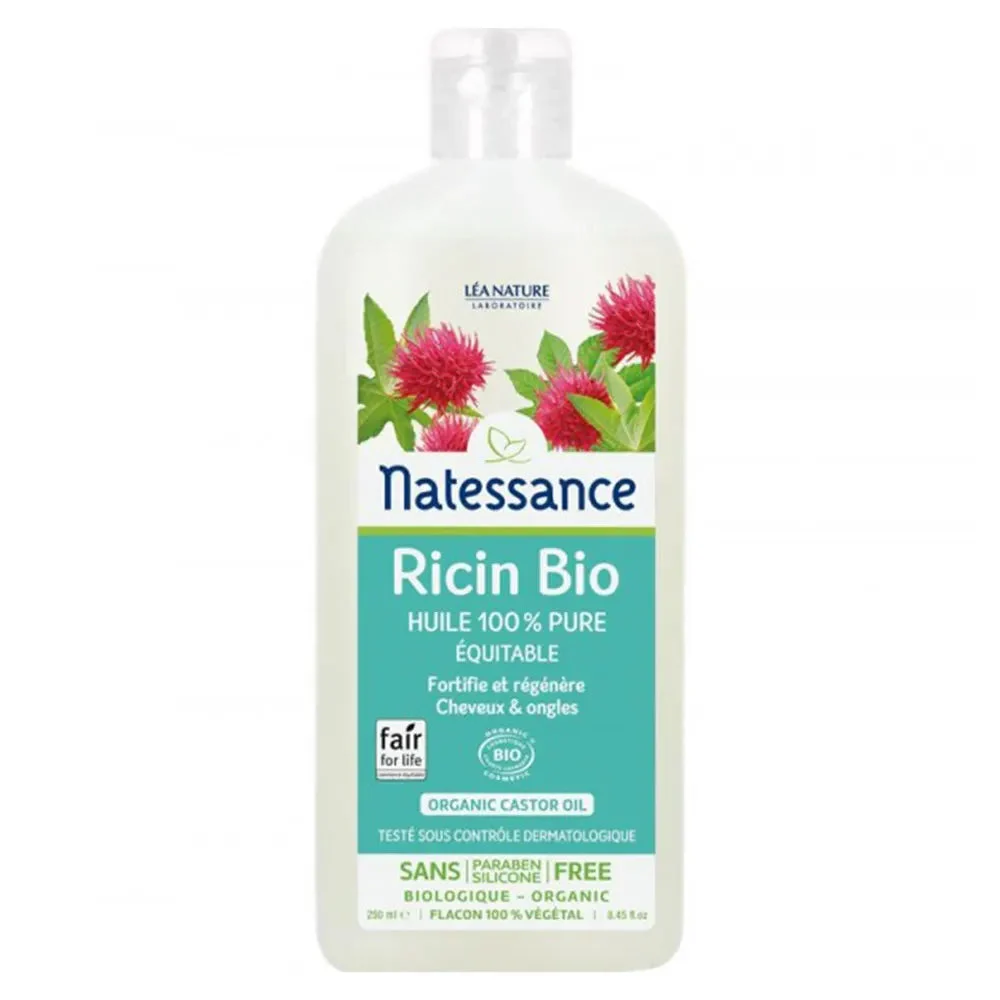Natessance Olio di ricino Olio puro biologico del commercio equo e solidale fortificato e rigenerato 250 ml