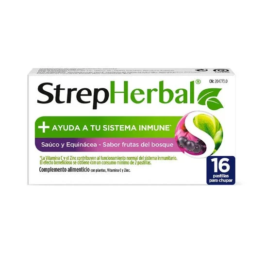 StrepHerbal Saúco y Equinácea + Vitamina C y Zinc Frutas del Bosque 16 pastillas
