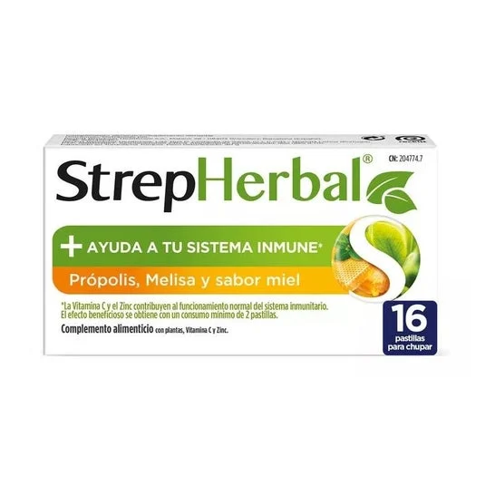 StrepHerbal Propolis y Melisa + Vitamina C y Zinc Miel 16 pastillas