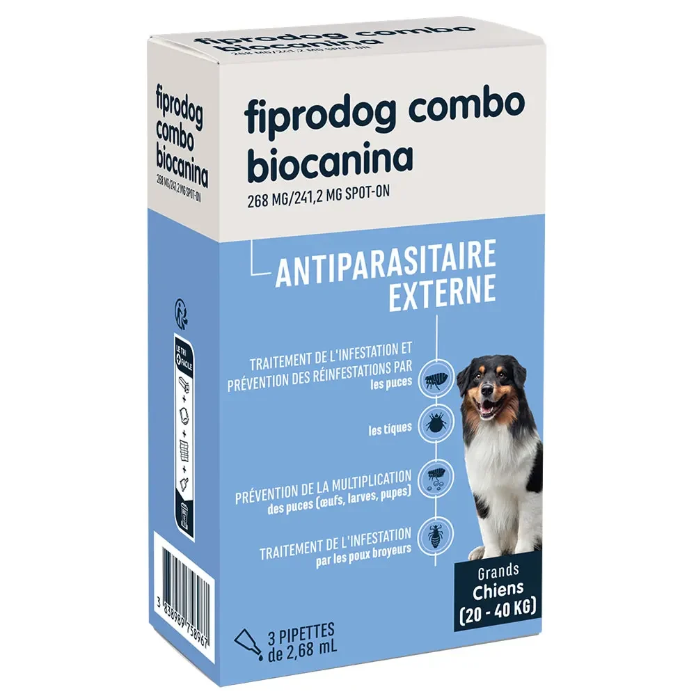 Biocanina Antiparassitaria esterna Soluzione per Spot-On Cani Grandi da 20kg a 40kg Fiprodog Combo 3 pipette