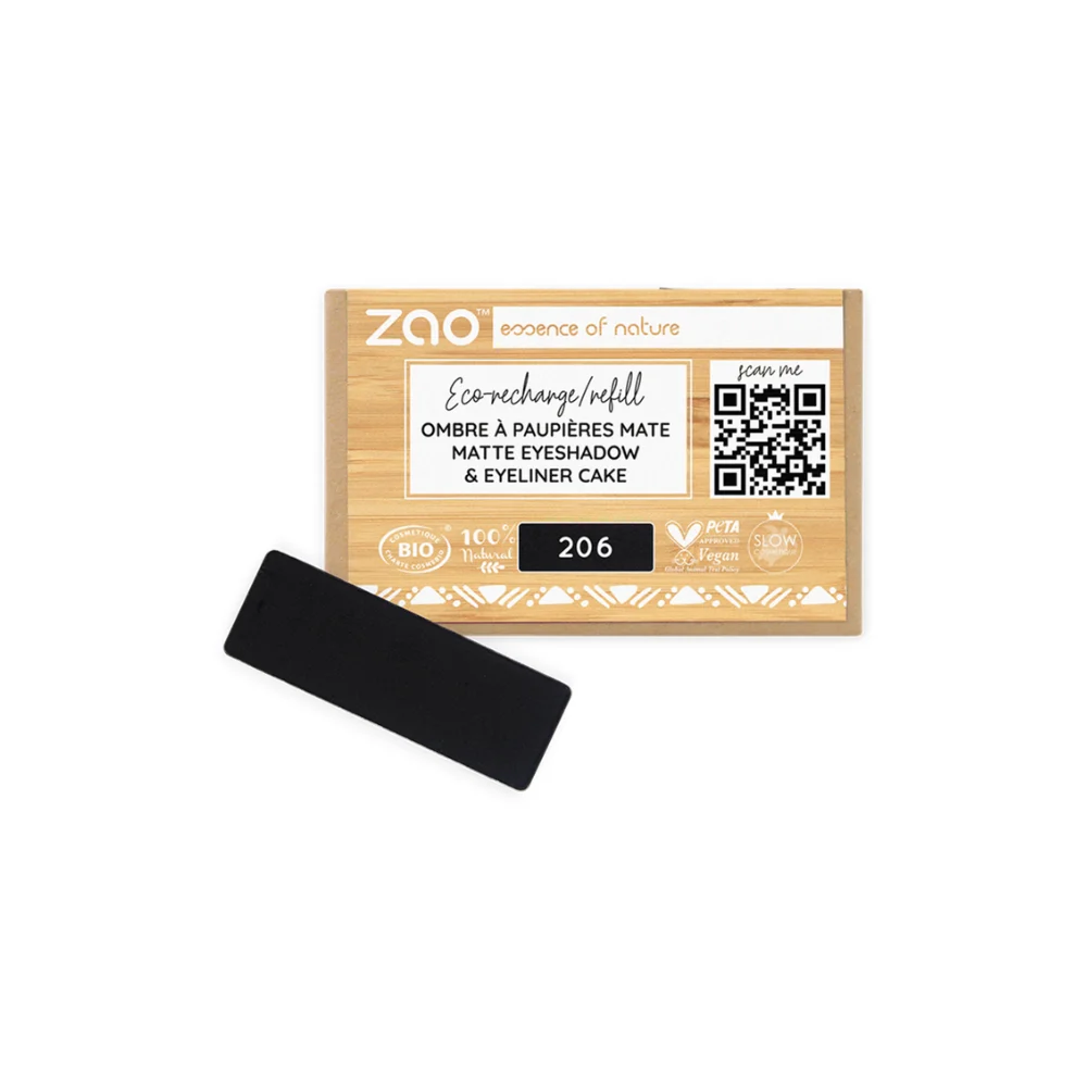 Zao Make Up Ricarica Ombretto Rettangolare, 206 Matt Black/Eyeliner Cake (1,30 G)
