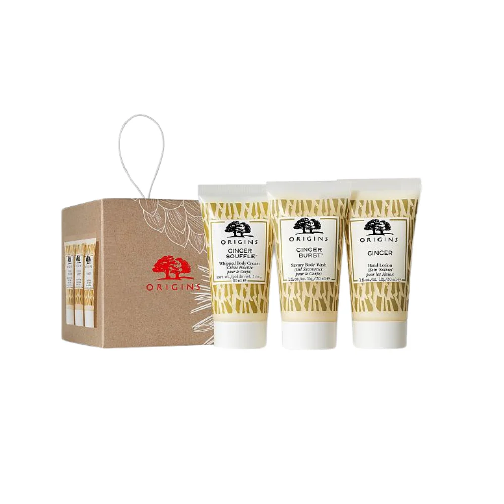 Set Regalo Origins: Origins Detergente Corpo 30 ml + Zenzero Lozione Mani Nutriente 30 ml + Zenzero Soufflé Crema Corpo Nutriente 30 ml