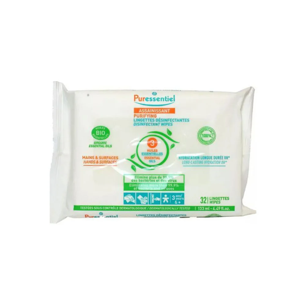 Salviette disinfettanti igienizzanti Puressentiel con oli essenziali BIOLOGICI x32