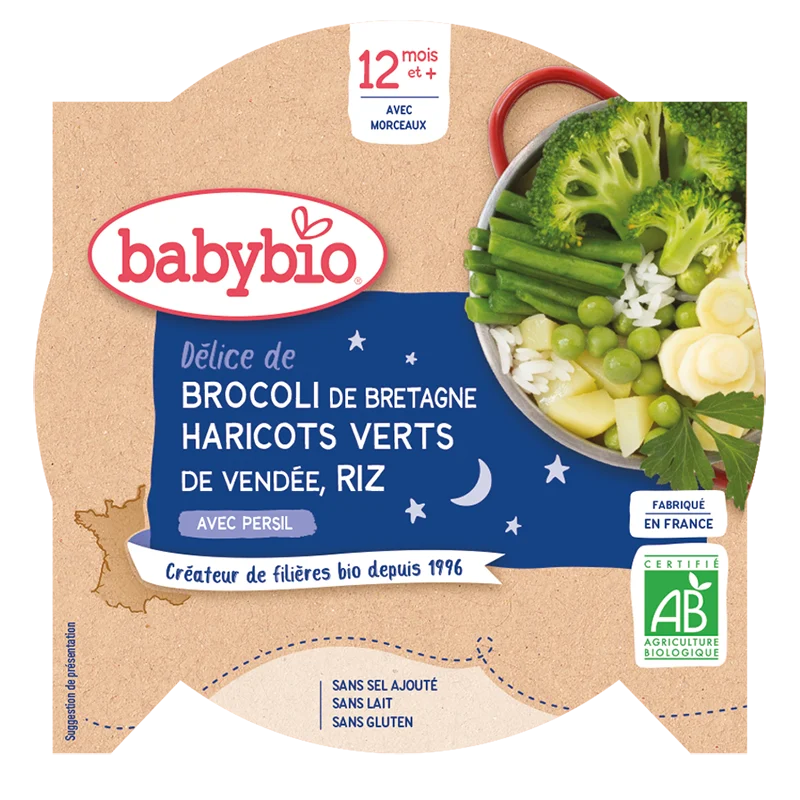 Babybio Piatto Cena - 12 Mesi e + - Broccoli, Fagioli Verdi, Riso - BIO 230G
