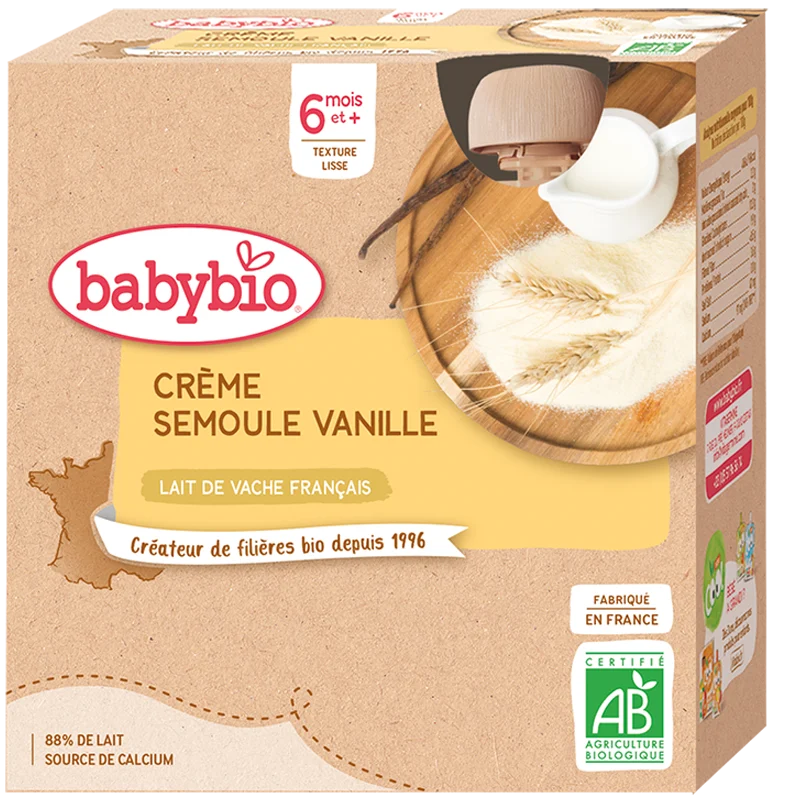 Babybio Borracce Dessert - 6 mesi e più - Crema Semola Vaniglia - BIO 4x85 g