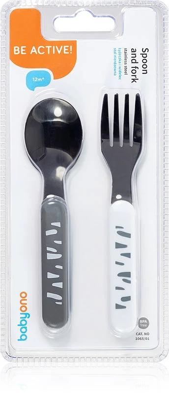 Babyono Be Active Stainless Steel Spoon And Fork Posate Grigio-Bianco 12 M+ 2 Pz