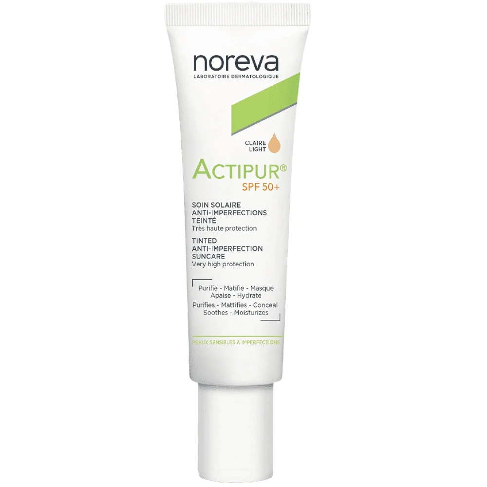 Noreva Actipur SPF50+ - Crema solare anti-imperfezioni colorata trasparente - Pelli sensibili con imperfezioni 30 ml