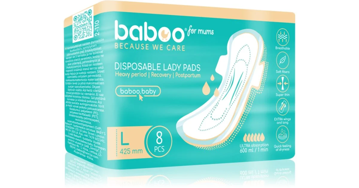 Baboo Postpartum Maternity Pads assorbenti per uso ostetrico usa e getta taglia L 8 pezzi