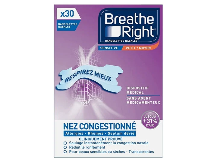 Breathe Right Bandelettes Nasales Sensitive 30 Bandelettes