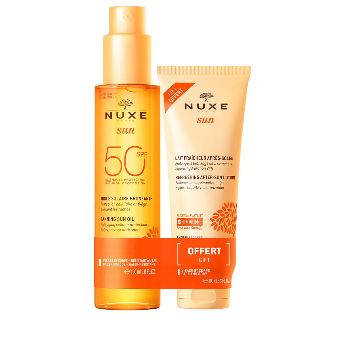 Set Nuxe: sole, anti-invecchiamento, olio abbronzante, SPF 50, 150 ml + sole, protezione solare, lozione doposole, 100 ml